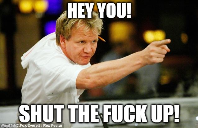 Hey You! Shut the Fuck Up! | HEY YOU! SHUT THE FUCK UP! | image tagged in gordon ramsay,stfu,shut the fuck up,funny | made w/ Imgflip meme maker