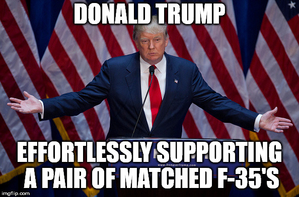 Donald Trump | DONALD TRUMP; EFFORTLESSLY SUPPORTING A PAIR OF MATCHED F-35'S | image tagged in donald trump | made w/ Imgflip meme maker