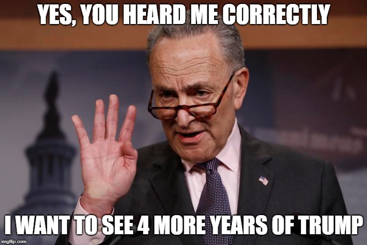 Schumer sets the record straight | YES, YOU HEARD ME CORRECTLY; I WANT TO SEE 4 MORE YEARS OF TRUMP | image tagged in chuck schumer,donald trump,4 more years | made w/ Imgflip meme maker