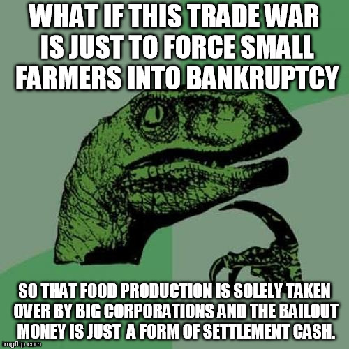Philosoraptor Meme | WHAT IF THIS TRADE WAR IS JUST TO FORCE SMALL FARMERS INTO BANKRUPTCY; SO THAT FOOD PRODUCTION IS SOLELY TAKEN OVER BY BIG CORPORATIONS AND THE BAILOUT MONEY IS JUST  A FORM OF SETTLEMENT CASH. | image tagged in memes,philosoraptor | made w/ Imgflip meme maker