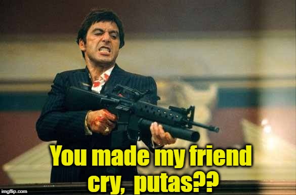Tony Montana and Girl Scout cookies | You made my friend cry,  putas?? | image tagged in tony montana and girl scout cookies | made w/ Imgflip meme maker
