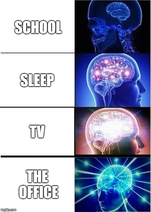 Expanding Brain | SCHOOL; SLEEP; TV; THE OFFICE | image tagged in memes,expanding brain | made w/ Imgflip meme maker