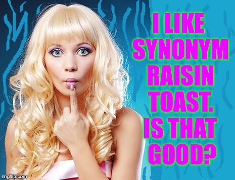 ditzy blonde | I LIKE SYNONYM RAISIN TOAST. IS THAT GOOD? | image tagged in ditzy blonde | made w/ Imgflip meme maker