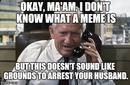 Calling Captain Culpepper | OKAY, MA'AM, I DON'T KNOW WHAT A MEME IS; BUT THIS DOESN'T SOUND LIKE GROUNDS TO ARREST YOUR HUSBAND. | image tagged in tracy,memes,relationships,police,911,angry wife | made w/ Imgflip meme maker