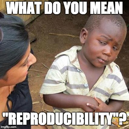 Third World Skeptical Kid Meme | WHAT DO YOU MEAN; "REPRODUCIBILITY"? | image tagged in memes,third world skeptical kid | made w/ Imgflip meme maker