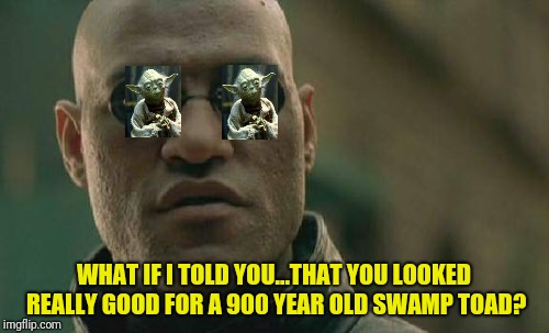 Matrix Morpheus | WHAT IF I TOLD YOU...THAT YOU LOOKED REALLY GOOD FOR A 900 YEAR OLD SWAMP TOAD? | image tagged in memes,matrix morpheus | made w/ Imgflip meme maker