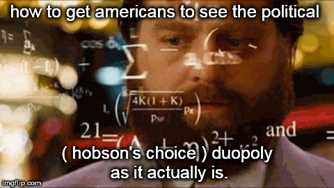political hobson's choice duopoly | how to get americans to see the political; ( hobson's choice ) duopoly as it actually is. | image tagged in confused math man,rinos,duopoly,romney and ryan | made w/ Imgflip meme maker