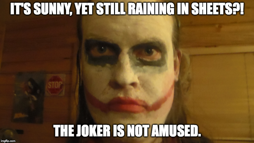 Joker Is Not Amused | IT'S SUNNY, YET STILL RAINING IN SHEETS?! | image tagged in joker,not amused | made w/ Imgflip meme maker