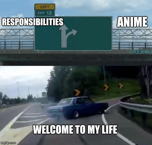 Left Exit 12 Off Ramp Meme | RESPONSIBILITIES; ANIME; WELCOME TO MY LIFE | image tagged in memes,left exit 12 off ramp | made w/ Imgflip meme maker