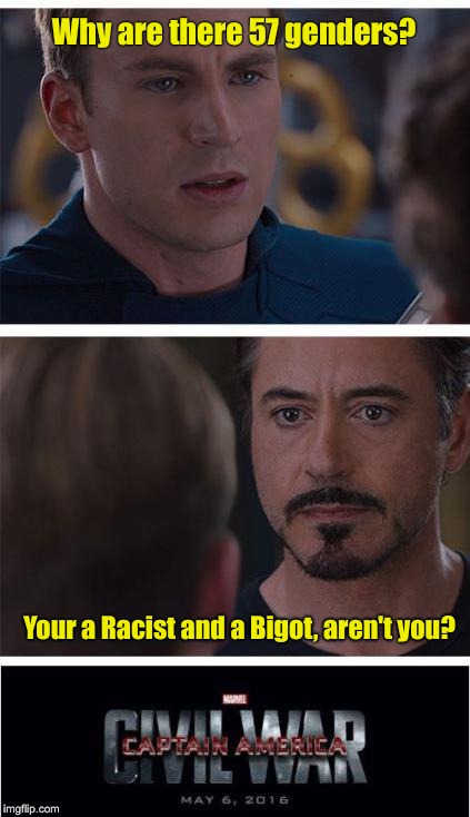 Marvel Civil War 1 | Why are there 57 genders? Your a Racist and a Bigot, aren't you? | image tagged in memes,marvel civil war 1 | made w/ Imgflip meme maker