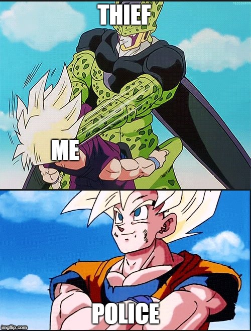 THIEF; ME; POLICE | image tagged in memes,dragon ball z | made w/ Imgflip meme maker