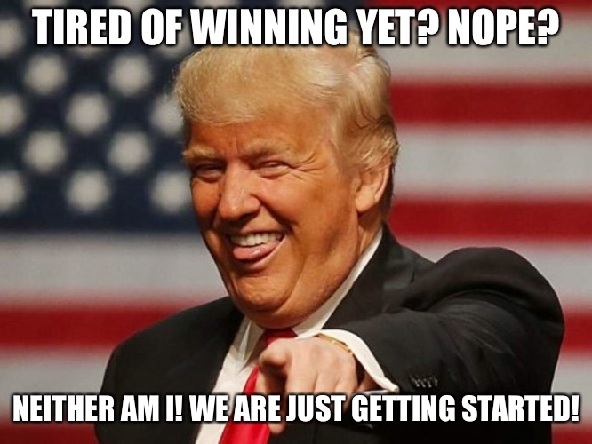 President Trump Wins Again | TIRED OF WINNING YET? NOPE? NEITHER AM I! WE ARE JUST GETTING STARTED! | image tagged in politics | made w/ Imgflip meme maker