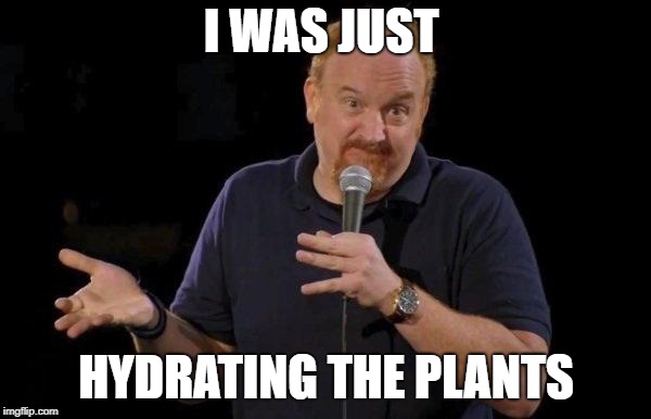 Louis ck but maybe |  I WAS JUST; HYDRATING THE PLANTS | image tagged in louis ck but maybe | made w/ Imgflip meme maker