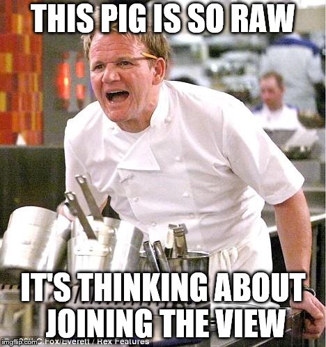 Chef Gordon Ramsay |  THIS PIG IS SO RAW; IT'S THINKING ABOUT JOINING THE VIEW | image tagged in memes,chef gordon ramsay,the view | made w/ Imgflip meme maker