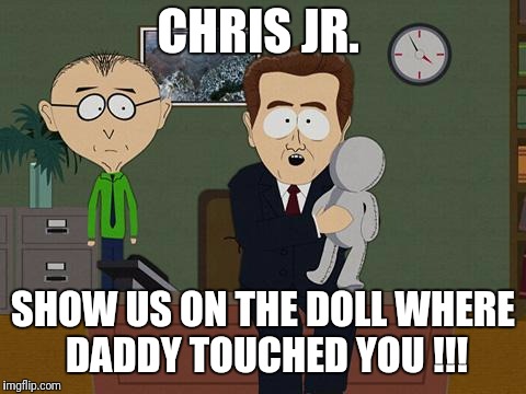 Show me on this doll | CHRIS JR. SHOW US ON THE DOLL WHERE DADDY TOUCHED YOU !!! | image tagged in show me on this doll | made w/ Imgflip meme maker