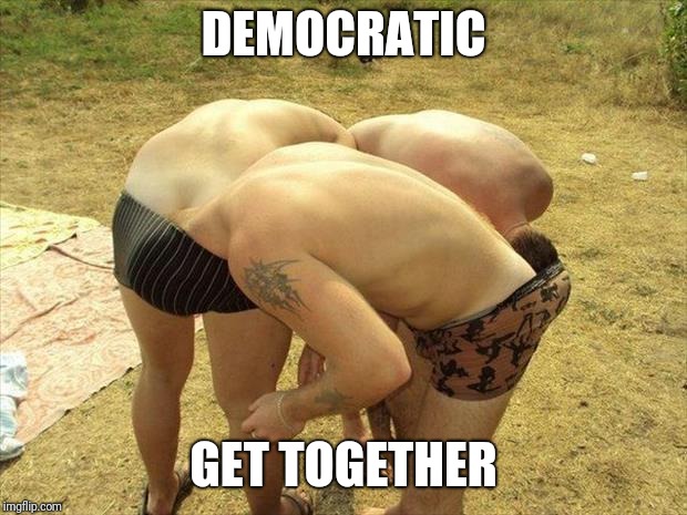 head in ass circle | DEMOCRATIC; GET TOGETHER | image tagged in head in ass circle | made w/ Imgflip meme maker