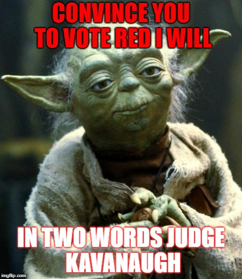 Star Wars Yoda | CONVINCE YOU TO VOTE RED I WILL; IN TWO WORDS
JUDGE KAVANAUGH | image tagged in memes,star wars yoda | made w/ Imgflip meme maker