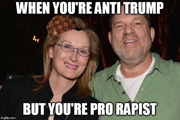 Meryl Streep with Harvey Weinstein | WHEN YOU'RE ANTI TRUMP; BUT YOU'RE PRO RAPIST | image tagged in meryl streep with harvey weinstein,scumbag | made w/ Imgflip meme maker