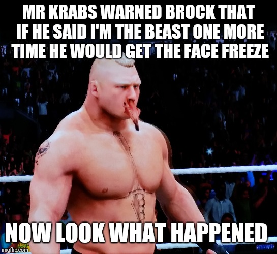 MR KRABS WARNED BROCK THAT IF HE SAID I'M THE BEAST ONE MORE TIME HE WOULD GET THE FACE FREEZE; NOW LOOK WHAT HAPPENED | image tagged in wwe brock lesnar | made w/ Imgflip meme maker