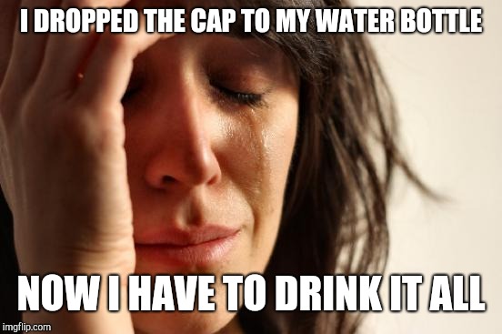 First World Problems Meme | I DROPPED THE CAP TO MY WATER BOTTLE; NOW I HAVE TO DRINK IT ALL | image tagged in memes,first world problems | made w/ Imgflip meme maker