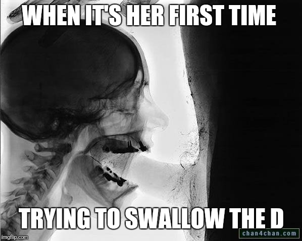 WHEN IT'S HER FIRST TIME; TRYING TO SWALLOW THE D | image tagged in xray blowjob 2 | made w/ Imgflip meme maker