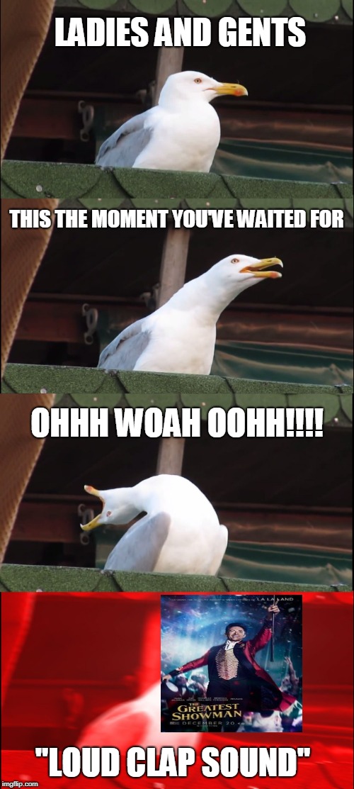 When you love the greatest showman soundtrack so much you turn into the DVD |  LADIES AND GENTS; THIS THE MOMENT YOU'VE WAITED FOR; OHHH WOAH OOHH!!!! "LOUD CLAP SOUND" | image tagged in memes,inhaling seagull,greatest showman,greatest show,funny,songs | made w/ Imgflip meme maker