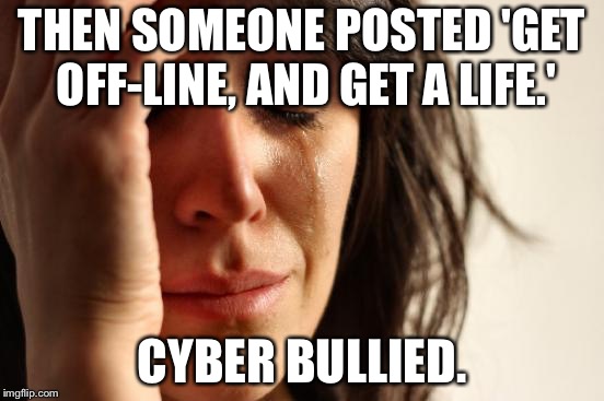 crying woman | THEN SOMEONE POSTED 'GET OFF-LINE, AND GET A LIFE.'; CYBER BULLIED. | image tagged in crying woman | made w/ Imgflip meme maker