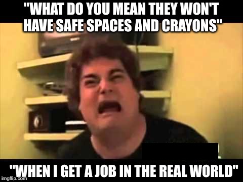 scared face | "WHAT DO YOU MEAN THEY WON'T HAVE SAFE SPACES AND CRAYONS"; "WHEN I GET A JOB IN THE REAL WORLD" | image tagged in scared face | made w/ Imgflip meme maker