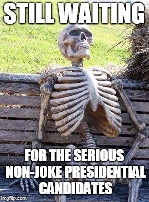 Waiting Skeleton Meme | STILL WAITING FOR THE SERIOUS NON-JOKE PRESIDENTIAL CANDIDATES | image tagged in memes,waiting skeleton | made w/ Imgflip meme maker