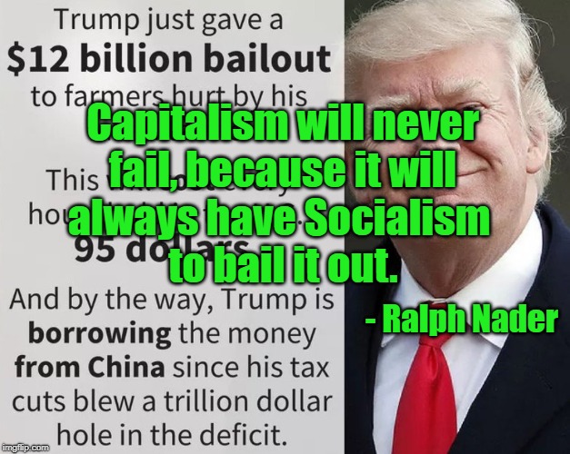 Bail Out | Capitalism will never fail, because it will; always have Socialism to bail it out. - Ralph Nader | image tagged in political meme | made w/ Imgflip meme maker