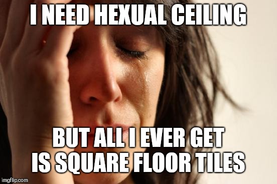 First World Problems Meme | I NEED HEXUAL CEILING BUT ALL I EVER GET IS SQUARE FLOOR TILES | image tagged in memes,first world problems | made w/ Imgflip meme maker