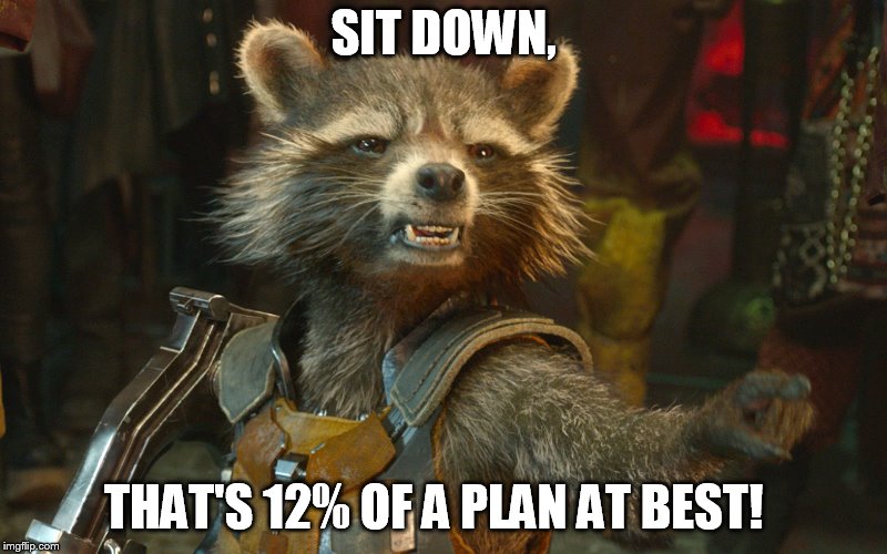 Rocket Raccoon | SIT DOWN, THAT'S 12% OF A PLAN AT BEST! | image tagged in rocket raccoon | made w/ Imgflip meme maker