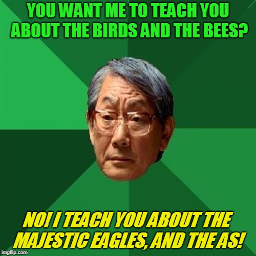 High Expectations Asian Father | YOU WANT ME TO TEACH YOU ABOUT THE BIRDS AND THE BEES? NO! I TEACH YOU ABOUT THE MAJESTIC EAGLES, AND THE AS! | image tagged in memes,high expectations asian father | made w/ Imgflip meme maker