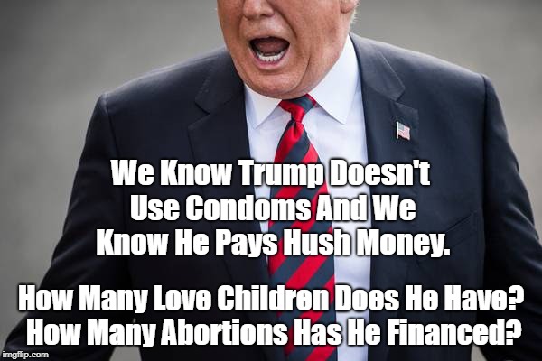 We Know Trump Doesn't Use Condoms And We Know He Pays Hush Money. How Many Love Children Does He Have? How Many Abortions Has He Financed? | made w/ Imgflip meme maker