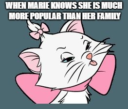 Disney Marie sticking tongue out | WHEN MARIE KNOWS SHE IS MUCH MORE POPULAR THAN HER FAMILY | image tagged in disney marie sticking tongue out | made w/ Imgflip meme maker