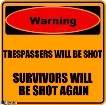 Warning Sign Meme | TRESPASSERS WILL BE SHOT SURVIVORS WILL BE SHOT AGAIN | image tagged in memes,warning sign | made w/ Imgflip meme maker