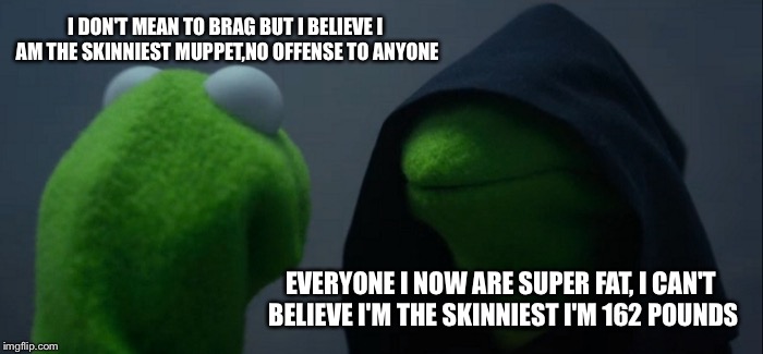 Evil Kermit | I DON'T MEAN TO BRAG BUT I BELIEVE I AM THE SKINNIEST MUPPET,NO OFFENSE TO ANYONE; EVERYONE I NOW ARE SUPER FAT, I CAN'T BELIEVE I'M THE SKINNIEST I'M 162 POUNDS | image tagged in memes,evil kermit | made w/ Imgflip meme maker