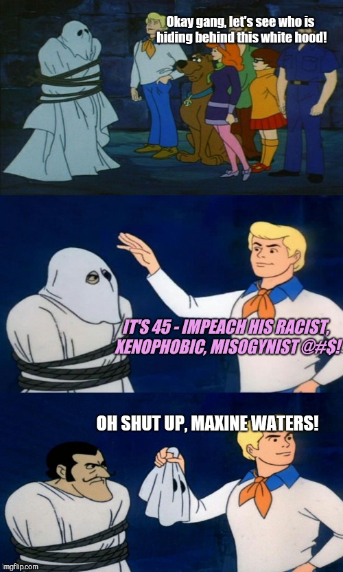 Scooby Doo The Ghost | Okay gang, let's see who is hiding behind this white hood! IT'S 45 - IMPEACH HIS RACIST, XENOPHOBIC, MISOGYNIST @#$! OH SHUT UP, MAXINE WATERS! | image tagged in scooby doo the ghost | made w/ Imgflip meme maker