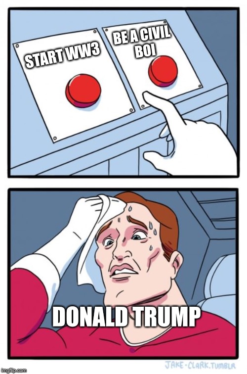 Two Buttons Meme | BE A CIVIL BOI; START WW3; DONALD TRUMP | image tagged in memes,two buttons | made w/ Imgflip meme maker