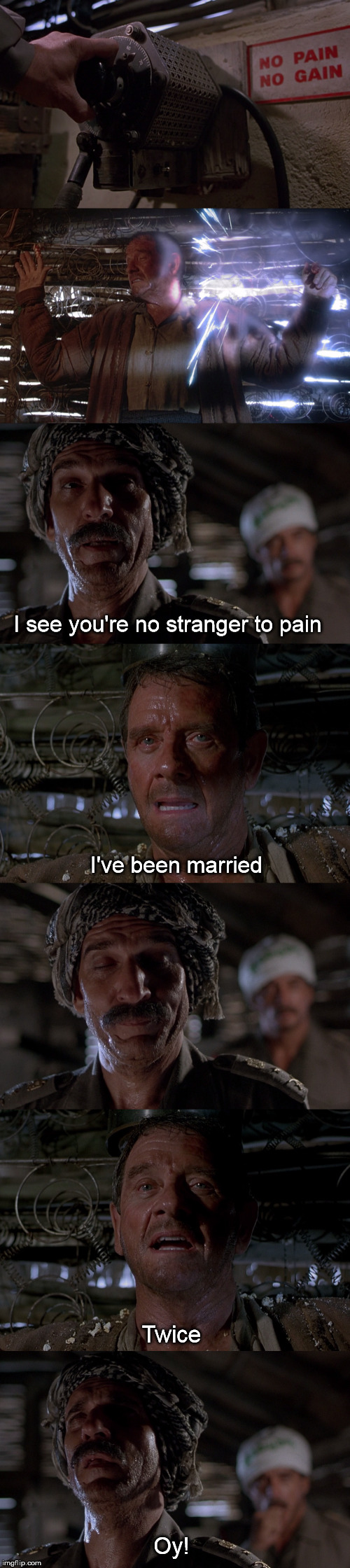 Hot Shots 93: Marriage | I see you're no stranger to pain; I've been married; Twice; Oy! | image tagged in hot shots,marriage | made w/ Imgflip meme maker