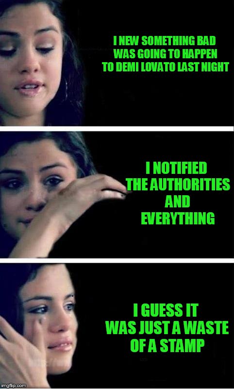 selena | I NEW SOMETHING BAD WAS GOING TO HAPPEN TO DEMI LOVATO LAST NIGHT; I NOTIFIED THE AUTHORITIES AND EVERYTHING; I GUESS IT WAS JUST A WASTE OF A STAMP | image tagged in selena | made w/ Imgflip meme maker