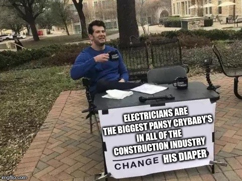You could throw a stick in any direct and hit one, now to replace sticks with bricks jk | ELECTRICIANS ARE THE BIGGEST PANSY CRYBABY’S IN ALL OF THE CONSTRUCTION INDUSTRY; HIS DIAPER | image tagged in change my mind | made w/ Imgflip meme maker