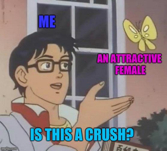 According to some of my memes besties, I have too many crushes lol  | ME; AN ATTRACTIVE FEMALE; IS THIS A CRUSH? | image tagged in memes,is this a pigeon,jbmemegeek,crushes | made w/ Imgflip meme maker