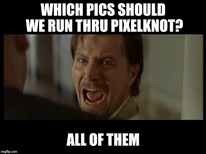 Gary Oldman Everyone | WHICH PICS SHOULD WE RUN THRU PIXELKNOT? ALL OF THEM | image tagged in gary oldman everyone | made w/ Imgflip meme maker