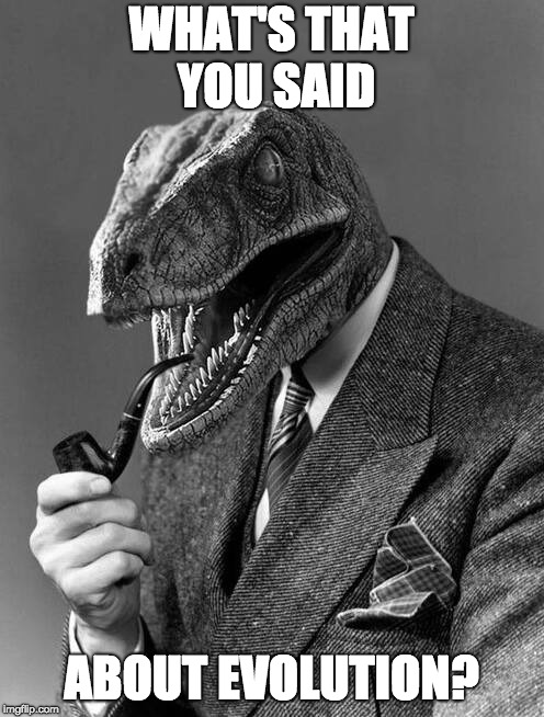 classy raptor | WHAT'S THAT YOU SAID; ABOUT EVOLUTION? | image tagged in classy raptor | made w/ Imgflip meme maker