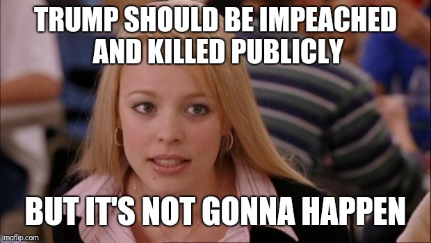 We all think it | TRUMP SHOULD BE IMPEACHED AND KILLED PUBLICLY; BUT IT'S NOT GONNA HAPPEN | image tagged in memes,its not going to happen,anti trump,impeach trump | made w/ Imgflip meme maker
