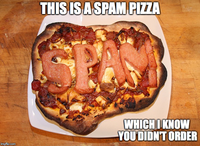Spam Pizza | THIS IS A SPAM PIZZA; WHICH I KNOW YOU DIDN'T ORDER | image tagged in spam,pizza,memes | made w/ Imgflip meme maker