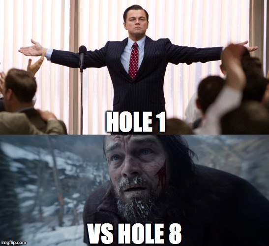 HOLE 1; VS HOLE 8 | image tagged in golf,revenent,leonardo dicaprio wolf of wall street | made w/ Imgflip meme maker
