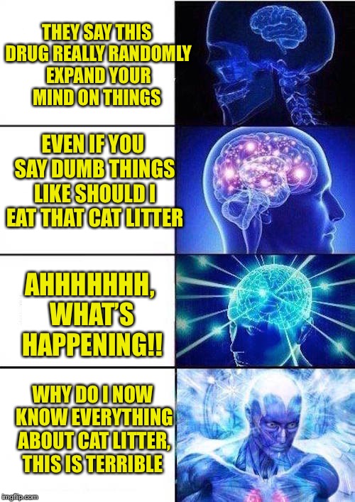 I might have to retry this pill later on | THEY SAY THIS DRUG REALLY RANDOMLY EXPAND YOUR MIND ON THINGS; EVEN IF YOU SAY DUMB THINGS LIKE SHOULD I EAT THAT CAT LITTER; AHHHHHHH, WHAT’S HAPPENING!! WHY DO I NOW KNOW EVERYTHING ABOUT CAT LITTER, THIS IS TERRIBLE | image tagged in brain mind expanding | made w/ Imgflip meme maker