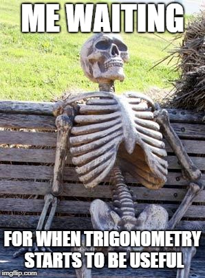 Waiting Skeleton Meme | ME WAITING; FOR WHEN TRIGONOMETRY STARTS TO BE USEFUL | image tagged in memes,waiting skeleton | made w/ Imgflip meme maker